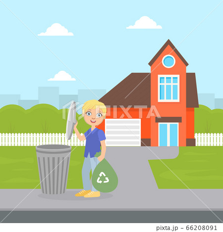 Cute Boy Standing with Trash Bag Near Garbage Container, Boy Throwing Garbage into Trash Bin, Child Doing Household Chores Vector Illustration Cute Boy Standing with Trash Bag Near Garbage Container, Boy Throwing Garbage into Trash Bin, Child Doing Household Chores Vector Illustration 66208091