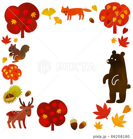 紅葉した秋の森の動物フレームのイラスト素材