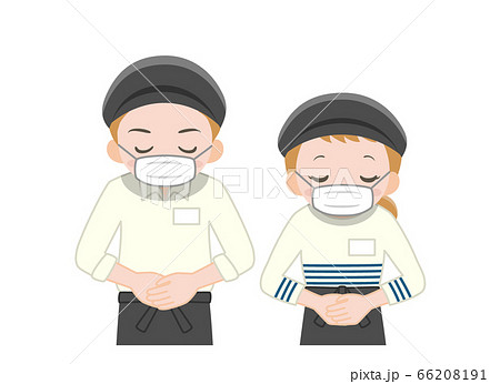 マスクをして頭を下げるカフェ店員のイラスト素材