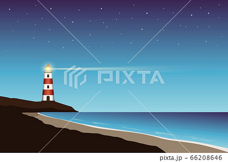 lighthouse near beach in the night with starry sky 66208646