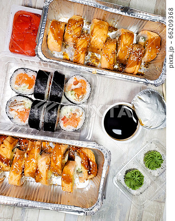 Japanese food delivery of roll sets in a plastic box 66209368