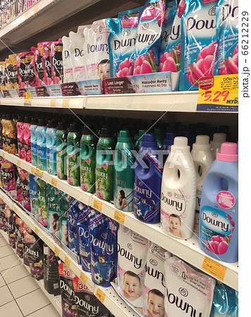 KUALA LUMPUR, MALAYSIA -CIRCA 2019: Fabric softeners packed in the plastic bottle and soft pack displayed for sale on the rack. Sorted by the brand to make it easier for customers to choose. KUALA LUMPUR, MALAYSIA -CIRCA 2019: Fabric softeners packed in the plastic bottle and soft pack displayed for sale on the rack. Sorted by the brand to make it easier for customers to choose. 66212229