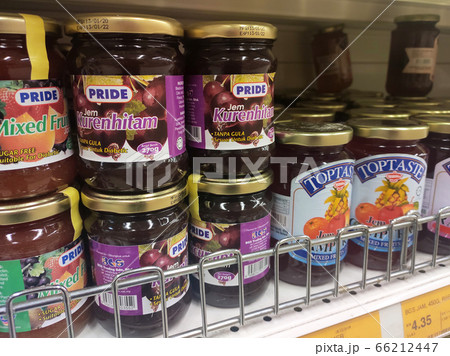 SEREMBAN, MALAYSIA -MARCH 15, 2020: A variety of fruit jams are on display at a supermarket. Separated by type to facilitate customers. 66212447