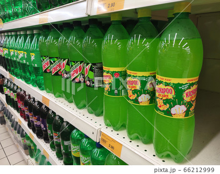 KUALA LUMPUR, MALAYSIA -MAY 17, 2020: Soft drinks or carbonated drinks arranged and stacked on the rack inside the huge supermarket for sale. Sorted by the brand to make easy for the customer to buy 66212999