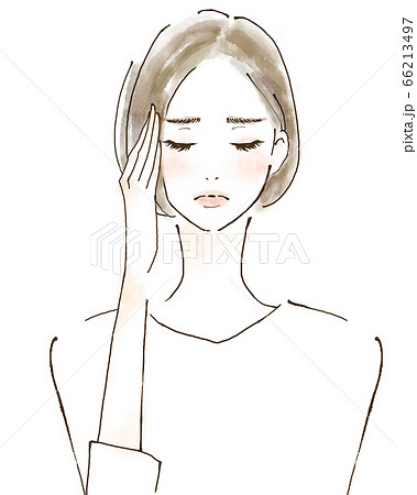 偏頭痛 残業 ストレス 疲れ トラブル 困る女性のイラストのイラスト素材