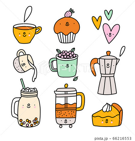 Cute coffee and tea cartoon characters, vector set 66216553