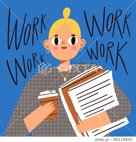 Office Girl Worker With Documents And Coffee のイラスト素材