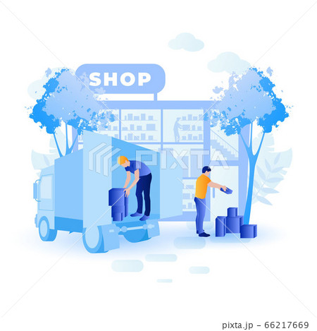 Unloading goods from delivery truck to shop by delivery service and shop manager. Unloading goods from delivery truck to shop by delivery service and shop manager. 66217669