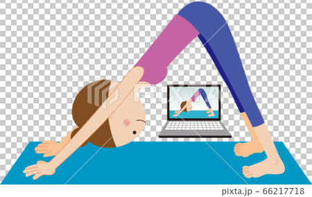 Woman doing down dog (downward dog pose) while doing online yoga on laptop Woman doing down dog (downward dog pose) while doing online yoga on laptop 66217718