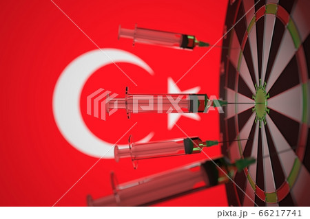 Coronavirus vaccine syringes on the Turkish flag background. Medical research and vaccination in Turkey, 3D rendering Coronavirus vaccine syringes on the Turkish flag background. Medical research and vaccination in Turkey, 3D rendering 66217741