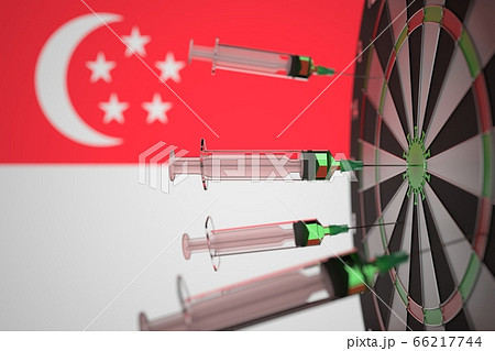 New Coronavirus vaccine syringes with text and flag of Singapore as a background. Singaporean Medical research and vaccination, 3D rendering New Coronavirus vaccine syringes with text and flag of Singapore as a background. Singaporean Medical research and vaccination, 3D rendering 66217744