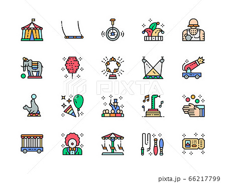 Set of Circus Color Line Icons. Clown, Jester Hat, Elephant, Juggler and more. 66217799