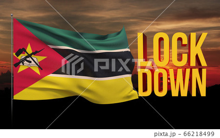 Coronavirus COVID-19 lockdown concept with waving national flag of Mozambique. Pandemic 3D illustration. Coronavirus COVID-19 lockdown concept with waving national flag of Mozambique. Pandemic 3D illustration. 66218499