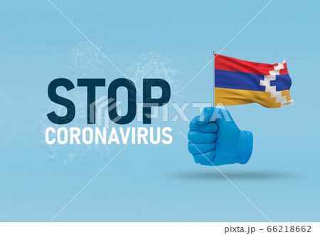 COVID-19 Visual concept - letters STOP CORONAVIRUS, hand-gesture versus virus infection, clenched fist holds flag of Artsakh. Pandemic 3D illustration. COVID-19 Visual concept - letters STOP CORONAVIRUS, hand-gesture versus virus infection, clenched fist holds flag of Artsakh. Pandemic 3D illustration. 66218662