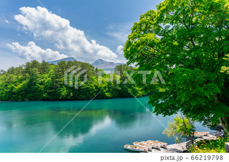 初夏の毘沙門沼（五色沼）の風景　新緑と湖面　福島県北塩原村 66219798