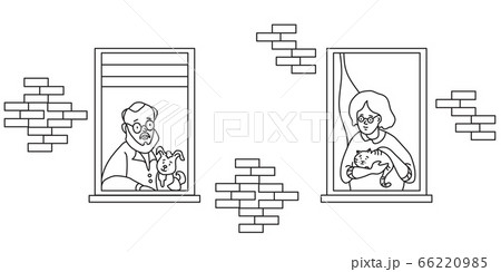 elderly couple looking for a house. windows with people neighbors. Elderly man with a dog and grandmother with a cat at the window. The concept of social isolation during the coronavirus pandemic 66220985
