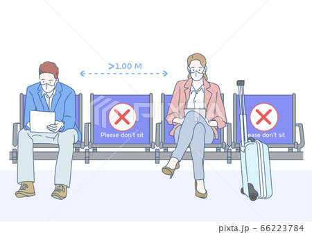 Passenger wearing face mask and waiting for flight at airport. Themes traveling during pandemic and personal protection. The airport with social distancing concept. New normal concept. Passenger wearing face mask and waiting for flight at airport. Themes traveling during pandemic and personal protection. The airport with social distancing concept. New normal concept. 66223784