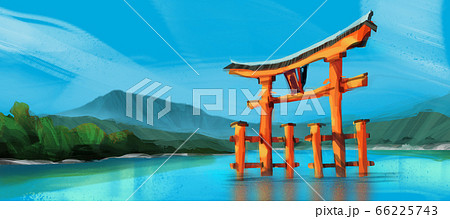 red torii gate of Hakone shrine at Ashi lake while cloud against sunny blue sky, 66225743