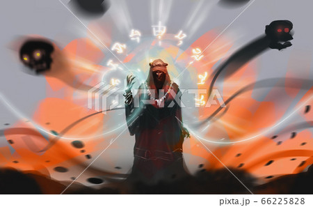 a Sorcerer spelling dark magic against explosion land. a Sorcerer spelling dark magic against explosion land. 66225828