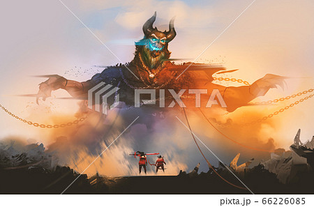 2 warriors encounter demon from hell, against sunset and ruins. 2 warriors encounter demon from hell, against sunset and ruins. 66226085