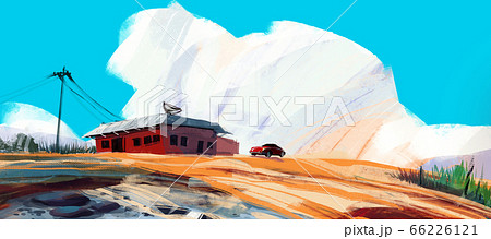 red house in desert with sport car against blue sky and puffy clouds,  66226121
