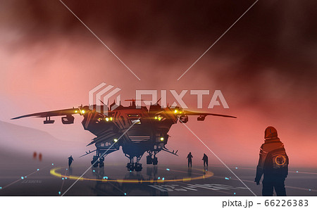 a space ship with pilots on runway against the big storm, sci-fi, futuristic concept. a space ship with pilots on runway against the big storm, sci-fi, futuristic concept. 66226383