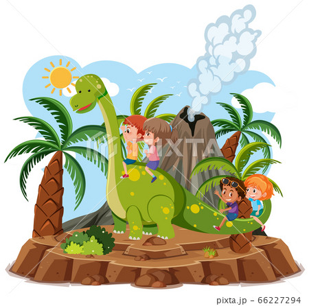 Kids ride cute dinosaur with volcano eruption 66227294