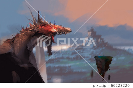 fantasy scence the dragon facing magic rocks (blank space for your elements on rock). fantasy scence the dragon facing magic rocks (blank space for your elements on rock). 66228220