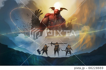 group of warriors encounter red demon from hell, against the moon with midnight, trying arrest them by magic spells. group of warriors encounter red demon from hell, against the moon with midnight, trying arrest them by magic spells. 66228669