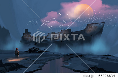 a boy looking at to the big ruins ship. 66228834