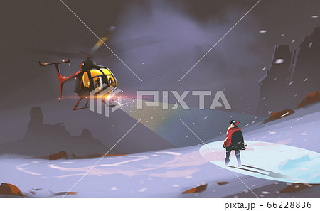 rescue teams used helicopter met a man in blizzard against cold night. rescue teams used helicopter met a man in blizzard against cold night. 66228836