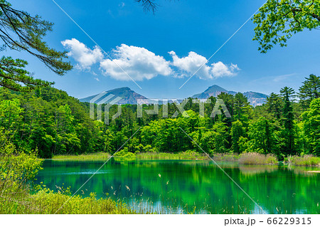 五色沼自然探勝路の新緑風景 るり沼と磐梯山 福島県北塩原村の写真素材