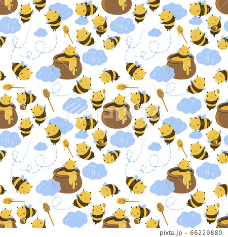 Cute Honey Bee With Clouds And Honey Seamless のイラスト素材