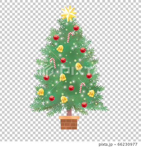 星とベルとステッキのついたクリスマスツリーのイラスト素材