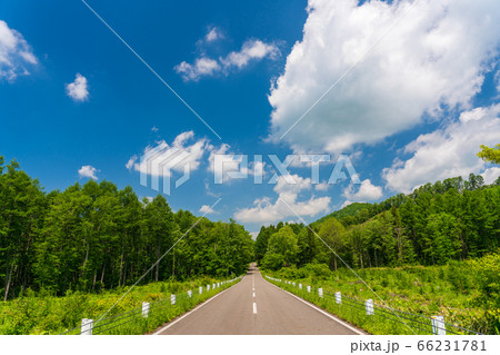 初夏の磐梯吾妻レークラインの風景 青空と直線道路 福島県猪苗代町 初夏の磐梯吾妻レークラインの風景 青空と直線道路 福島県猪苗代町 66231781