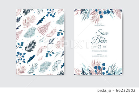 Botanical wedding invitation card template design, white and blue and pink leaves on white background. 66232902