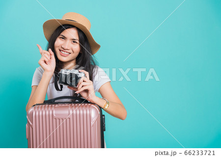woman wear white t-shirt her holding suitcase bag 66233721