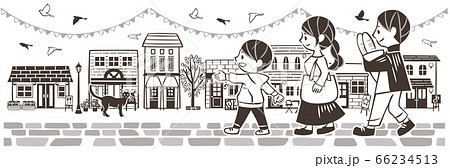 にぎやかな街並みでショッピングを楽しむ親子のイラスト素材