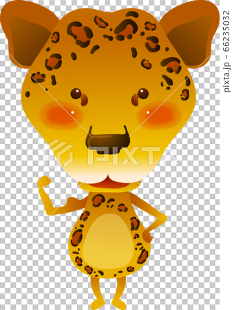 ヒョウが正面向きで片手を上げて立っているイラストのイラスト素材 ヒョウが正面向きで片手を上げて立っているイラストのイラスト素材