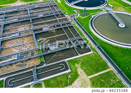 Sewage Farm Aerial View. Clarifying tanks and green grass 66235388