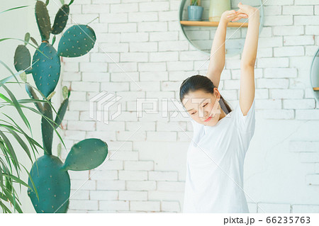 A beautiful woman doing exercise at home 66235763