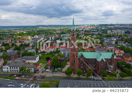 Aerial view of city center of Dabrowa Gornicza. Church of Our Lady of the Angels Lady Dabrowa Gornicza and Mother of the Basin 66235872
