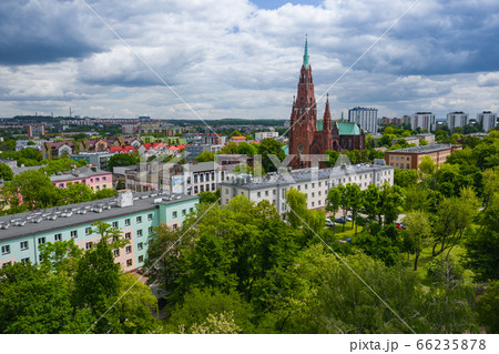 Aerial view of city center of Dabrowa Gornicza. Church of Our Lady of the Angels Lady Dabrowa Gornicza and Mother of the Basin 66235878