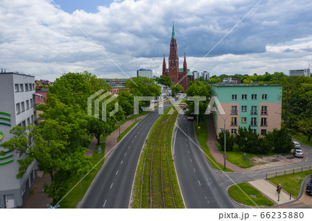 Aerial view of city center of Dabrowa Gornicza. Church of Our Lady of the Angels Lady Dabrowa Gornicza and Mother of the Basin Aerial view of city center of Dabrowa Gornicza. Church of Our Lady of the Angels Lady Dabrowa Gornicza and Mother of the Basin 66235880