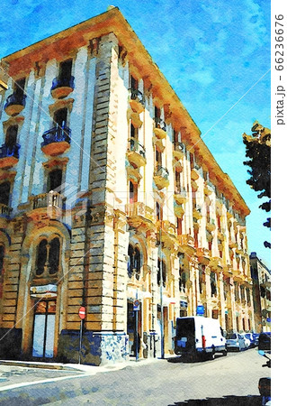 watercolorstyle that represents a glimpse of an ancient building in the streets of the center of Lecce in Italy 66236676
