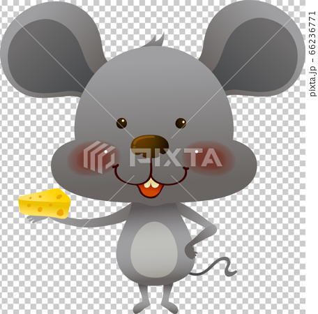 ネズミが正面向きで片手にチーズを持って立っているイラストのイラスト素材