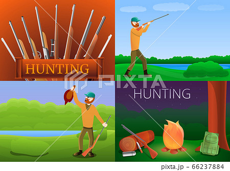 Modern hunting equipment banner set, cartoon style Modern hunting equipment banner set, cartoon style 66237884