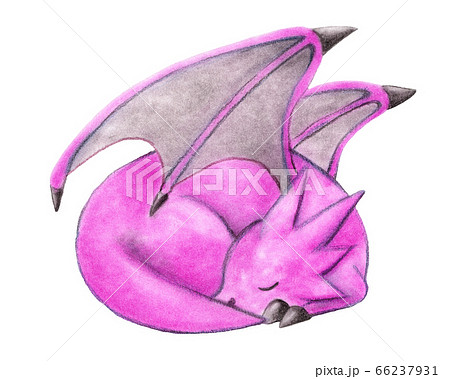 丸くなって寝ているピンク色のドラゴンのイラスト素材