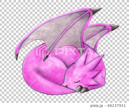 丸くなって寝ているピンク色のドラゴンのイラスト素材