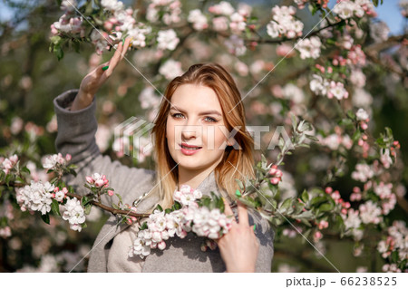 Young girl in a blooming apple orchard 66238525